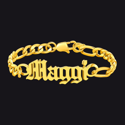 Engraved Name 6mm Figaro Link Chain Bracelet Gift for