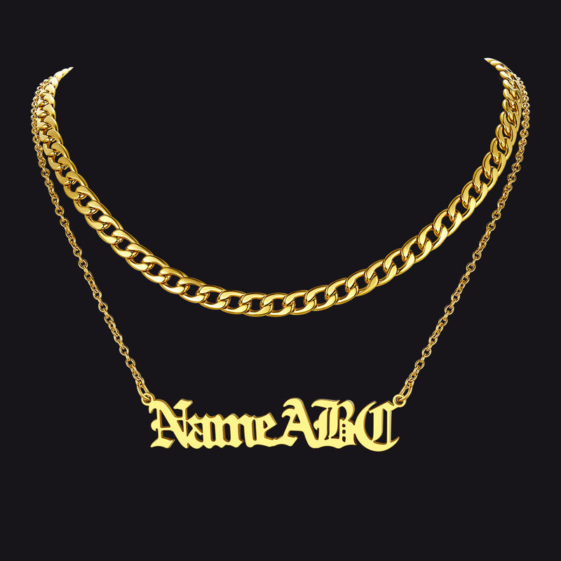 Cuban Chain & Personalized Name Layered Necklaces Set for