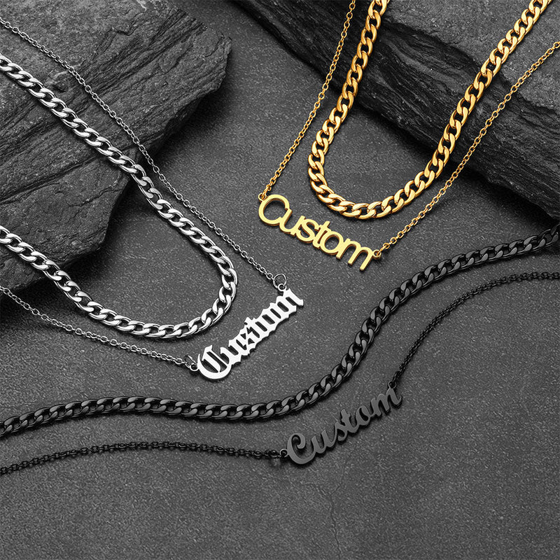 Cuban Chain & Personalized Name Layered Necklaces Set for