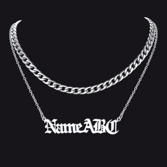 Cuban Chain & Personalized Name Layered Necklaces Set for
