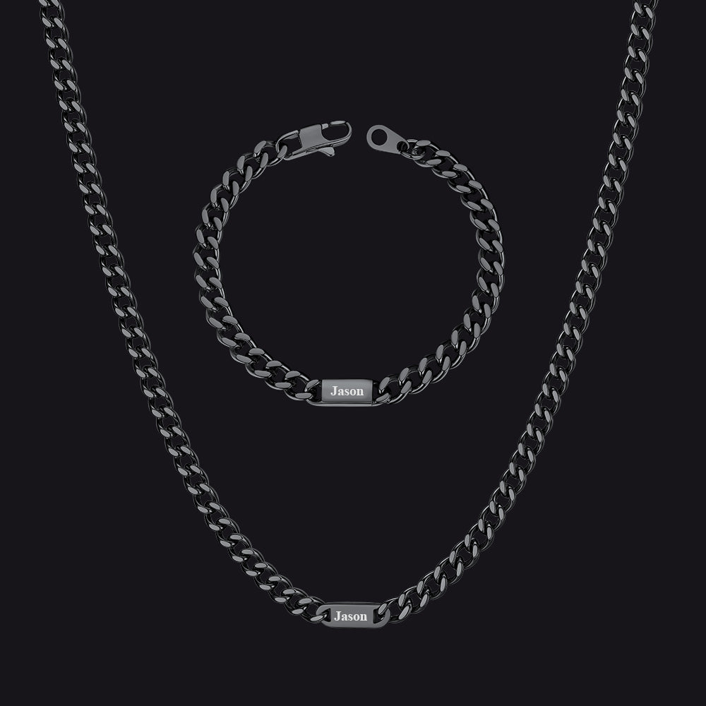 5/7mm Engraved Name Cuban Chain & Bracelet Gift Set for