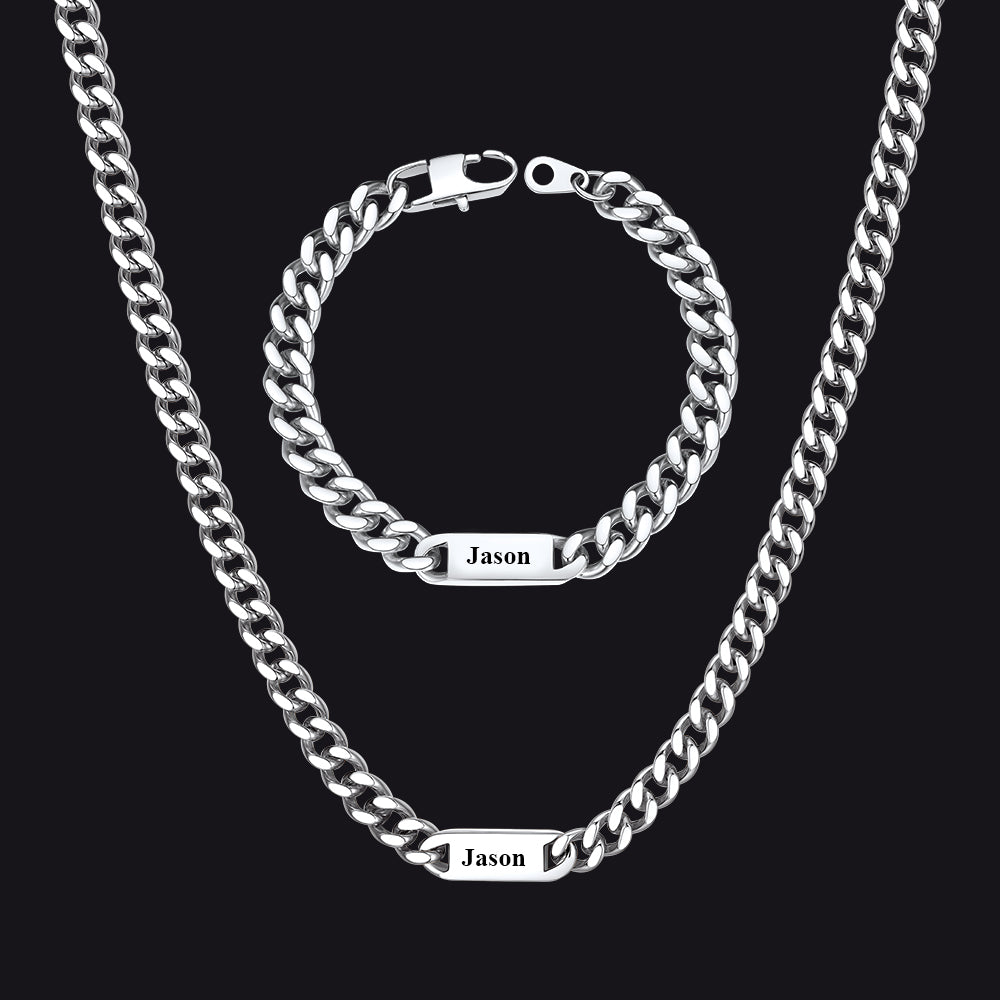 5/7mm Engraved Name Cuban Chain & Bracelet Gift Set for