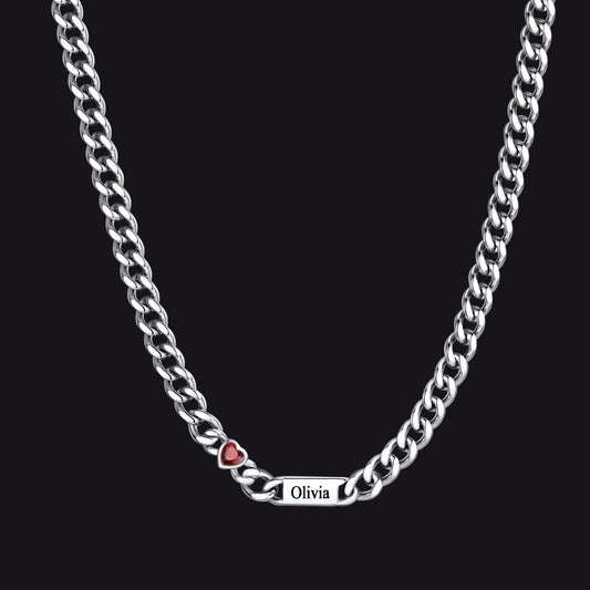 Personalized Name Cuban Chain Necklace With Heart Birthstone for Mom