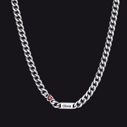 Personalized Name Cuban Chain Necklace With Heart Birthstone for Mom