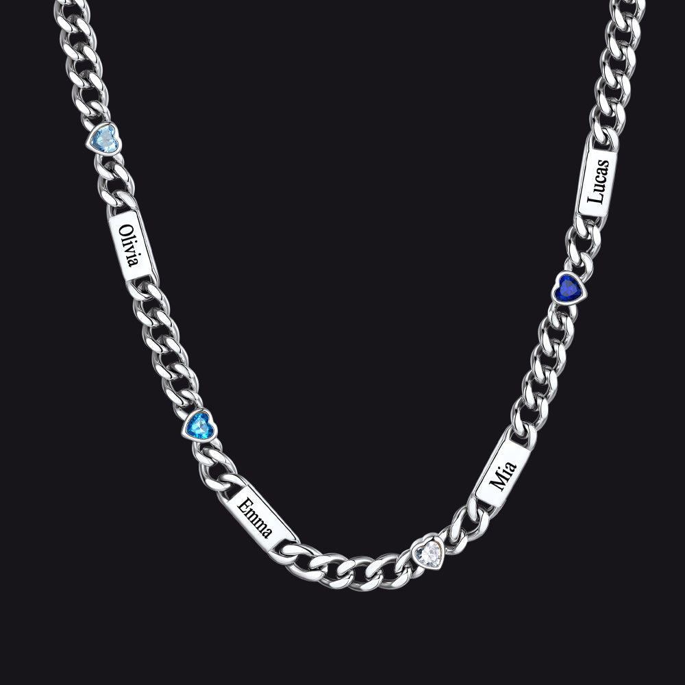 Personalized Name Cuban Chain Necklace With Heart Birthstone for Mom