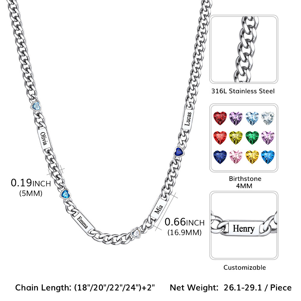 Personalized Name Cuban Chain Necklace With Heart Birthstone for Mom