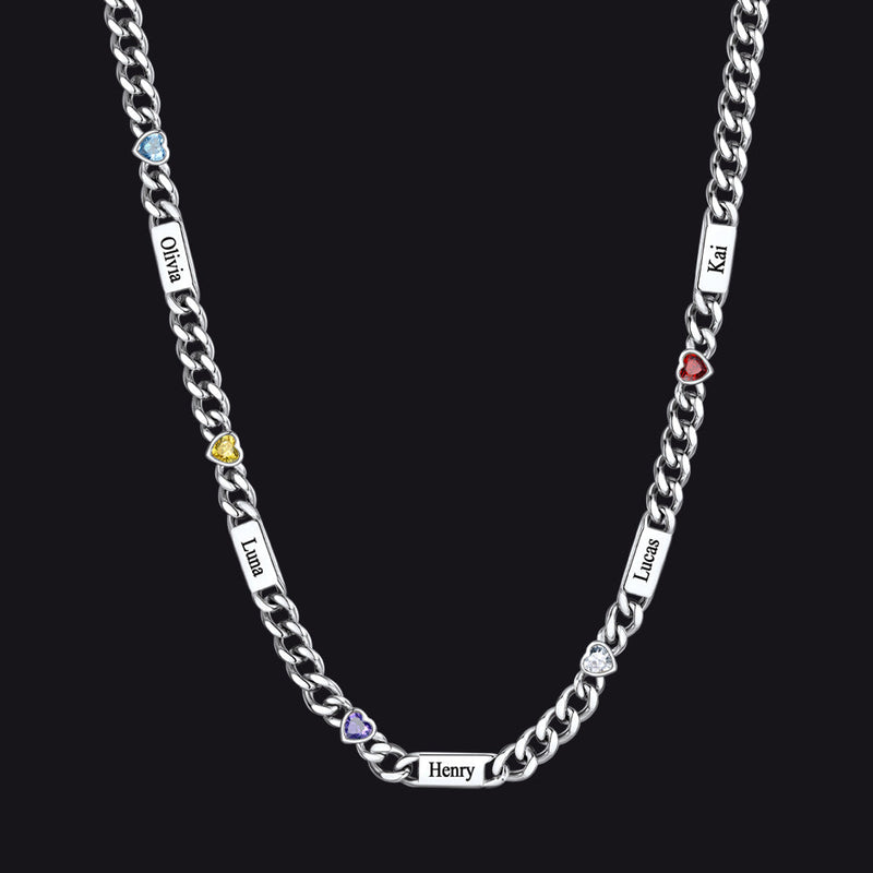 Personalized Name Cuban Chain Necklace With Heart Birthstone for Mom