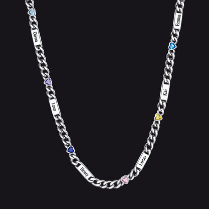 Personalized Name Cuban Chain Necklace With Heart Birthstone for Mom