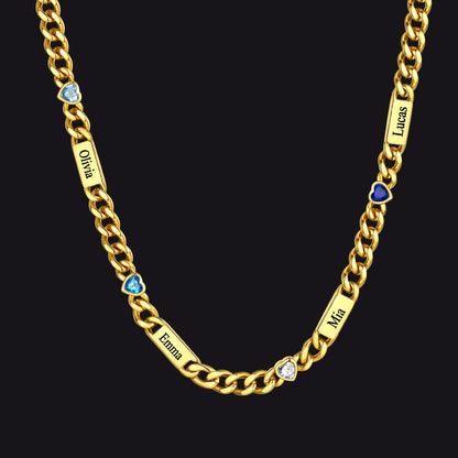 Personalized Name Cuban Chain Necklace With Heart Birthstone for Mom