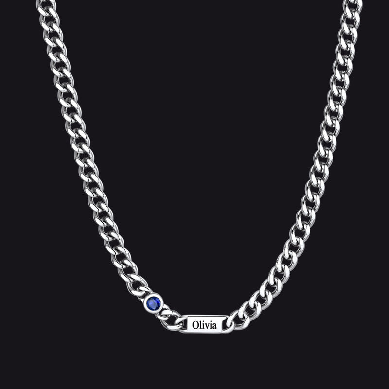 Customized Engraved Name Birthstone Cuban Chain Necklace for