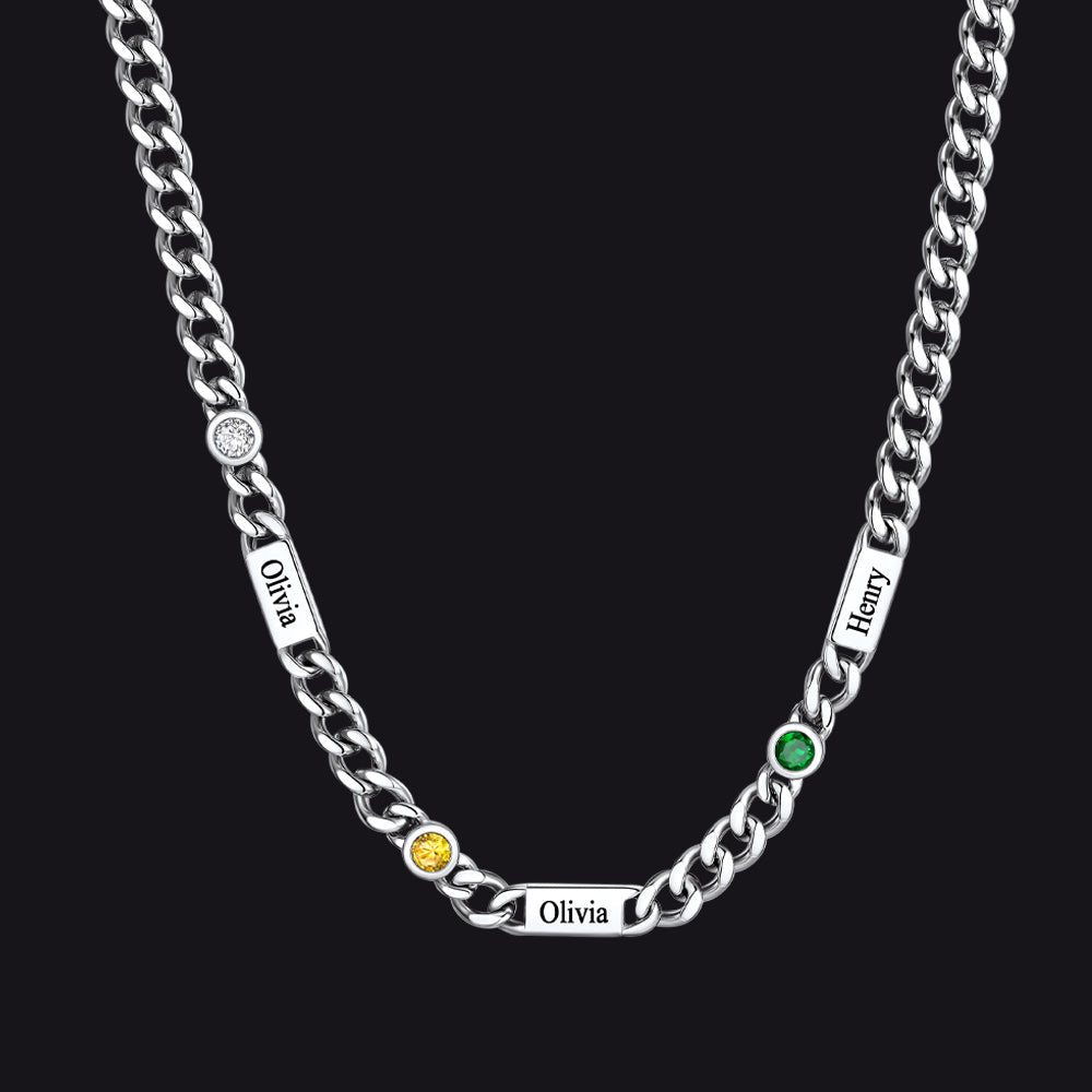 Customized Engraved Name Birthstone Cuban Chain Necklace for