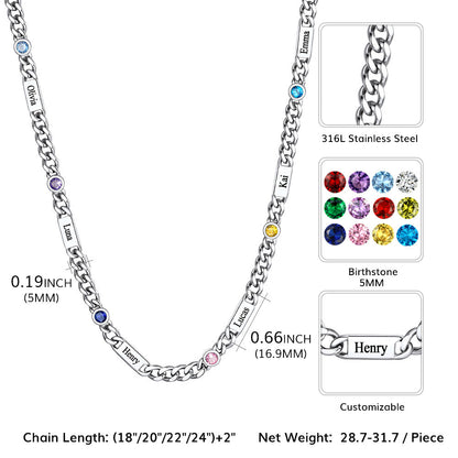 Customized Engraved Name Birthstone Cuban Chain Necklace for