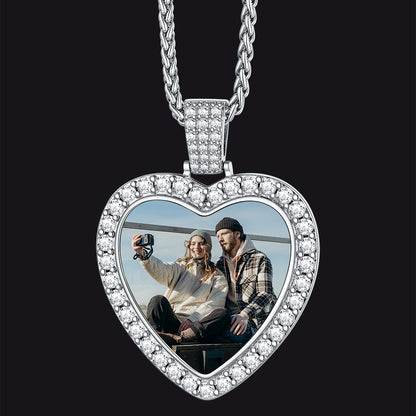 Sterling Silver Personalized Heart Picture Necklace Gift With Cubic Zirconia for
