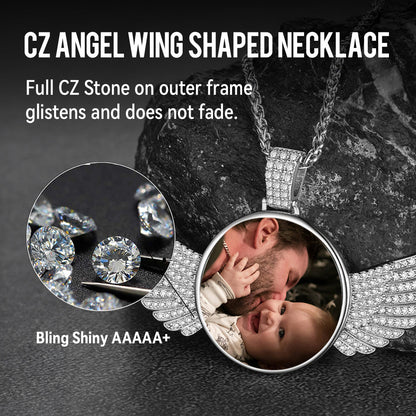 Sterling Silver Customized Memorial Picture Circle Chain Necklace With Angel Wing for