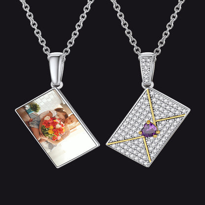 Personalized Picture Envelope Necklace With Birthstone & Cz Gifts for Mom
