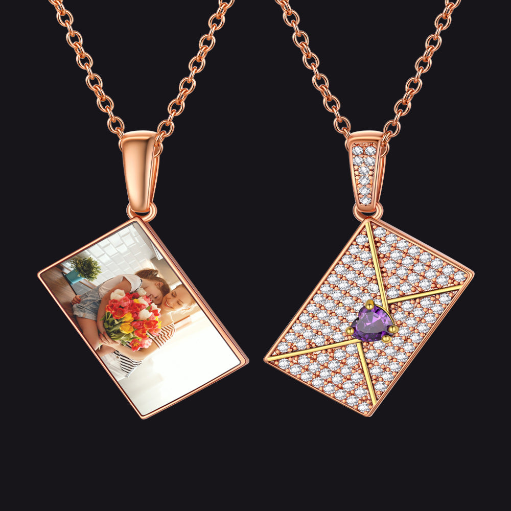 Personalized Picture Envelope Necklace With Birthstone & Cz Gifts for Mom