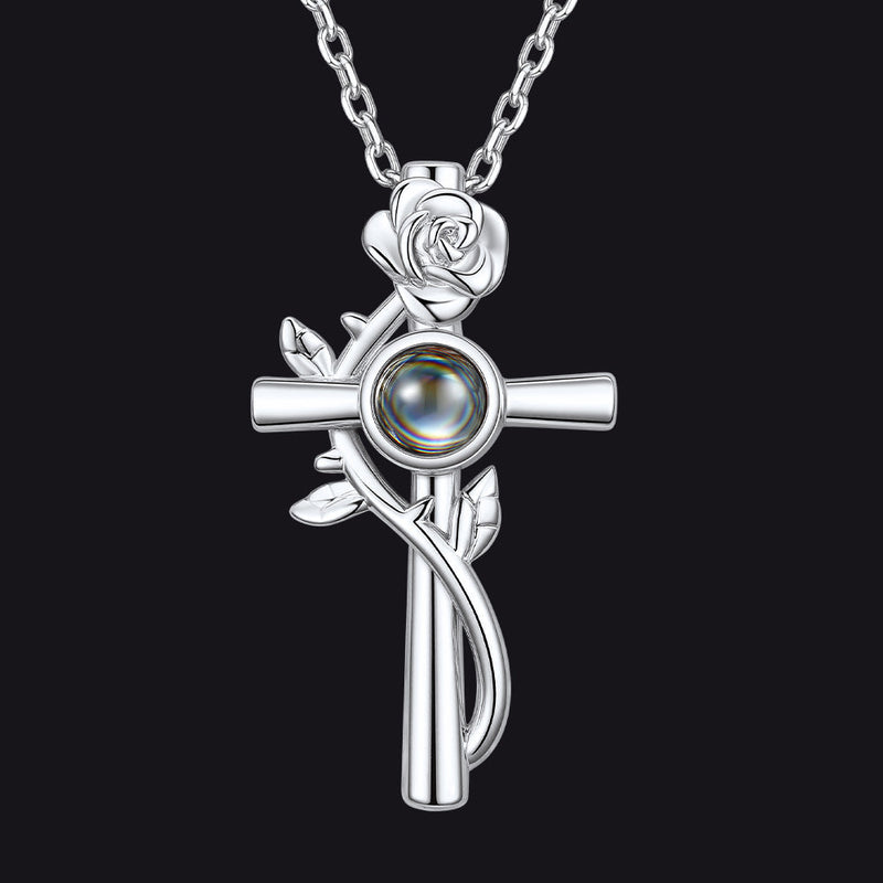 Personalized Projection Picture Cross Necklace With Rose for Mom