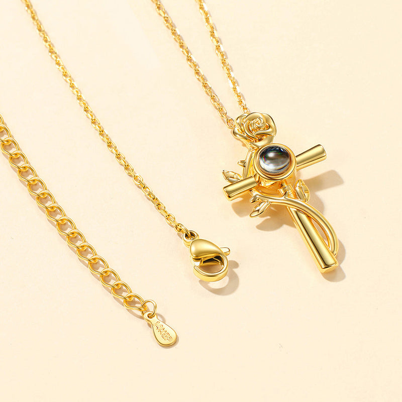 Personalized Projection Picture Cross Necklace With Rose for Mom