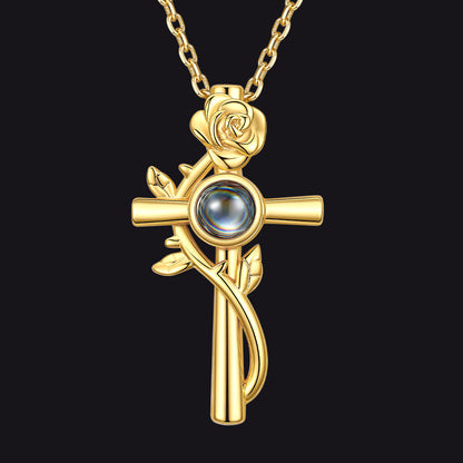 Personalized Projection Picture Cross Necklace With Rose for Mom