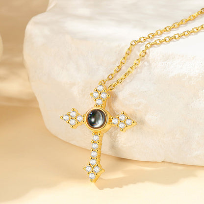 Personalized Projection Picture Punk Cross Pendant Necklace With Cz for Mom