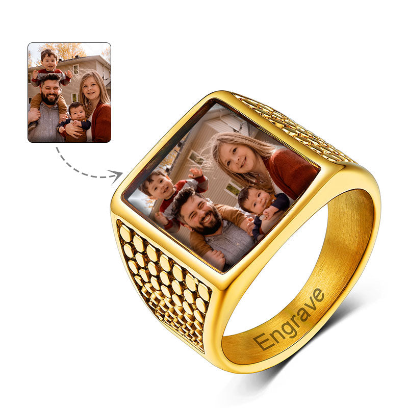 Customized Photo Ring Square Engraved Signet Ring for
