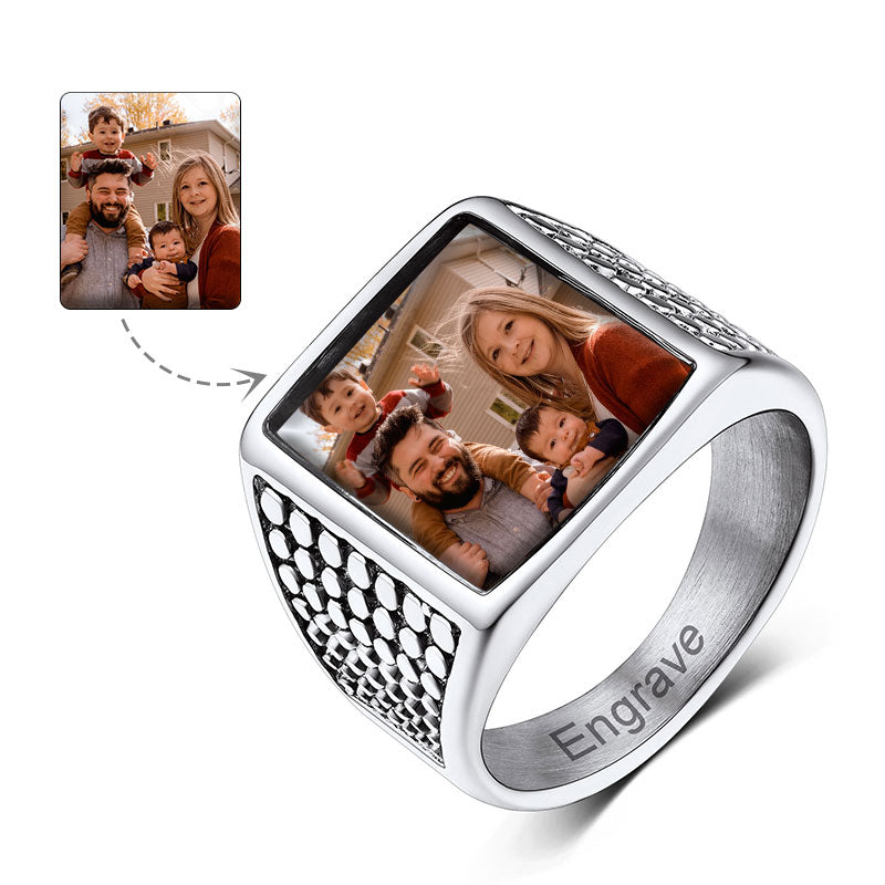Customized Photo Ring Square Engraved Signet Ring for