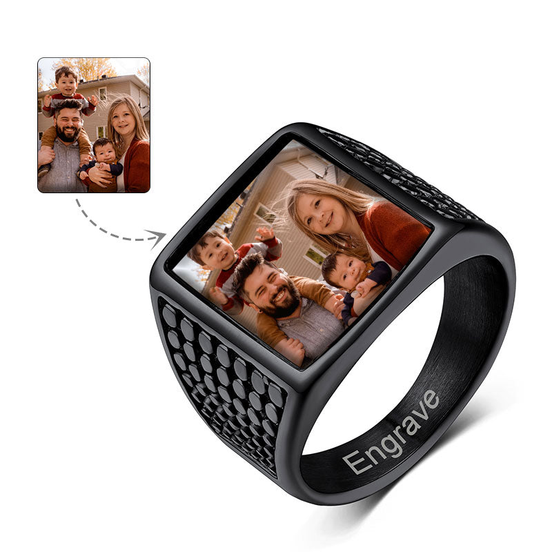 Customized Photo Ring Square Engraved Signet Ring for