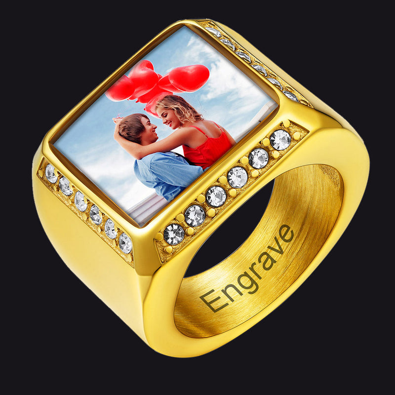 Personalized Photo Name Square Signet Ring Gift for