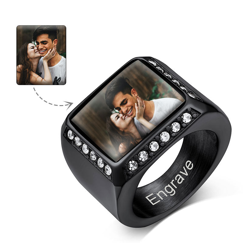 Personalized Photo Name Square Signet Ring Gift for