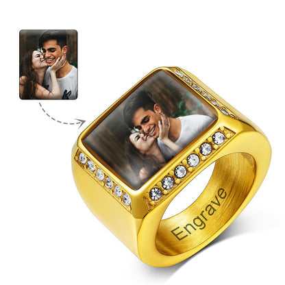Personalized Photo Name Square Signet Ring Gift for