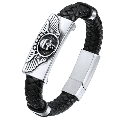 Black Braided Leather Bracelet Cuff With Skull Wing for Son