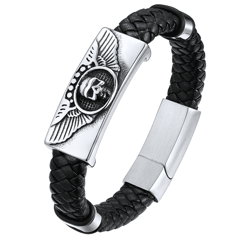Black Braided Leather Bracelet Cuff With Skull Wing for Son