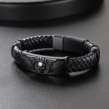 Black Braided Leather Bracelet Cuff With Skull Wing for Son