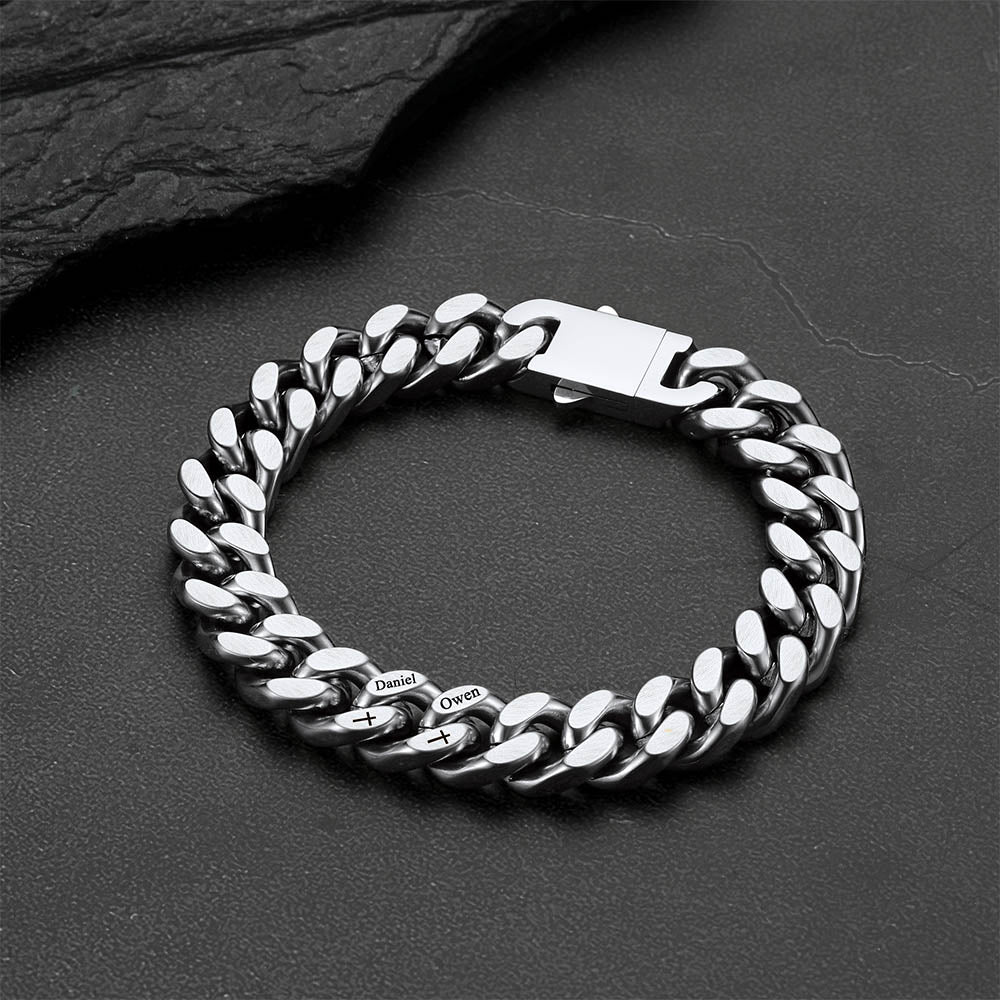 Personalized Multi Names Cuban Chain Bracelet With Cross Gift for Him , 12mm Width