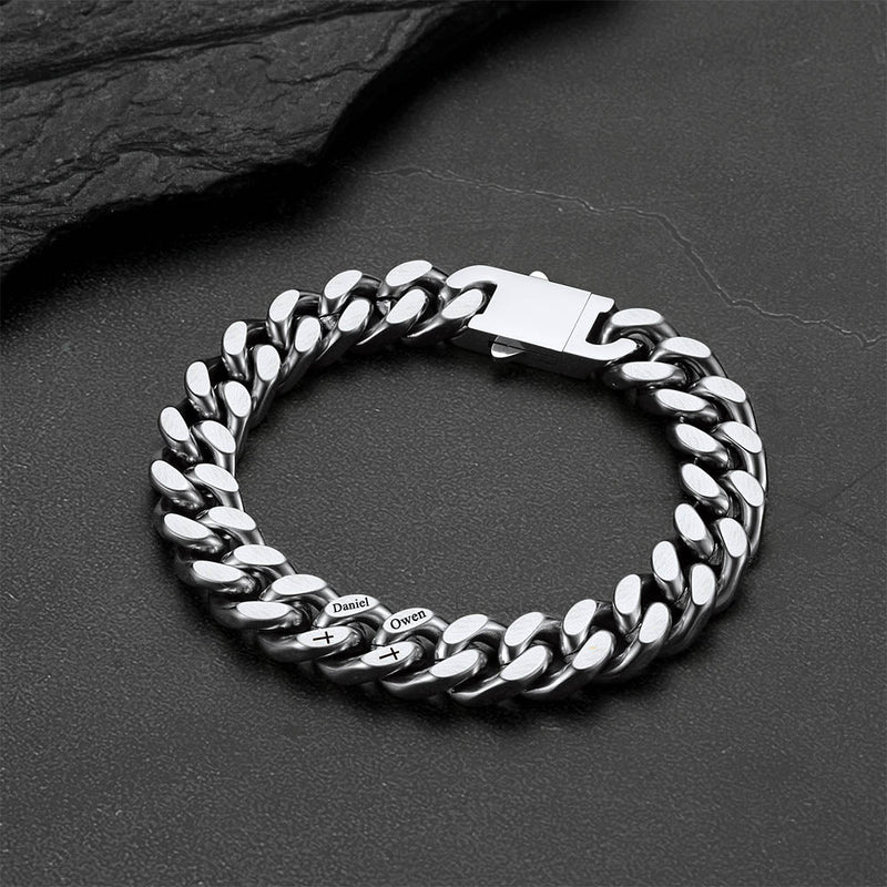 Personalized Multi Names Cuban Chain Bracelet With Cross Gift for Him , 12mm Width
