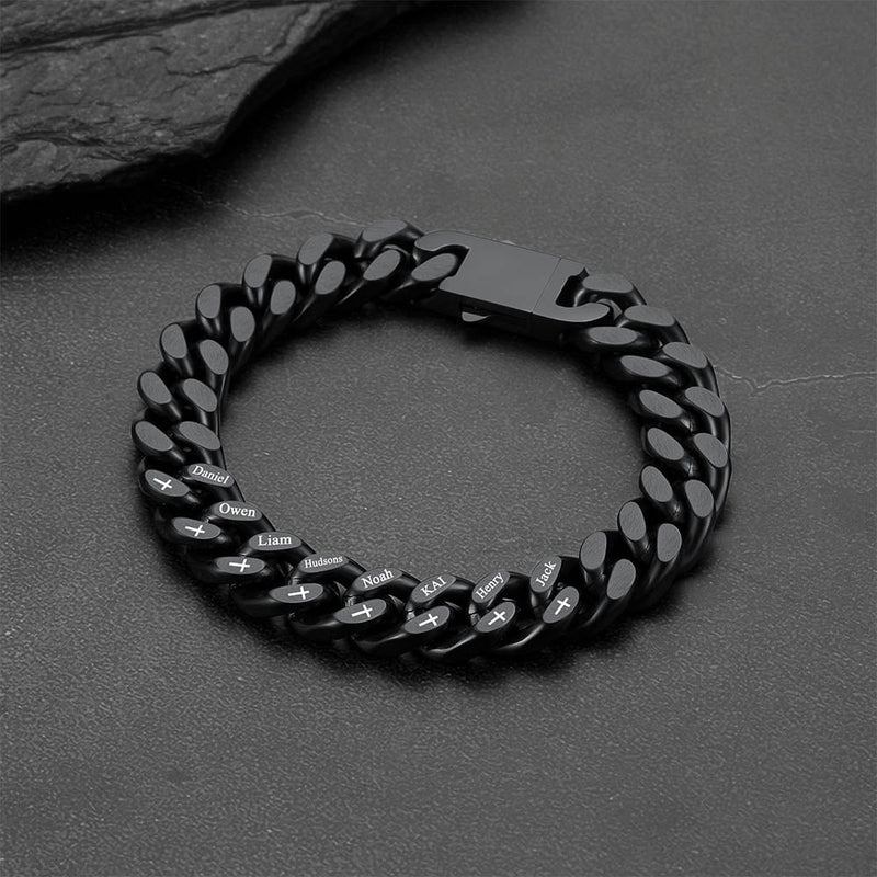 Personalized Multi Names Cuban Chain Bracelet With Cross Gift for Him , 12mm Width