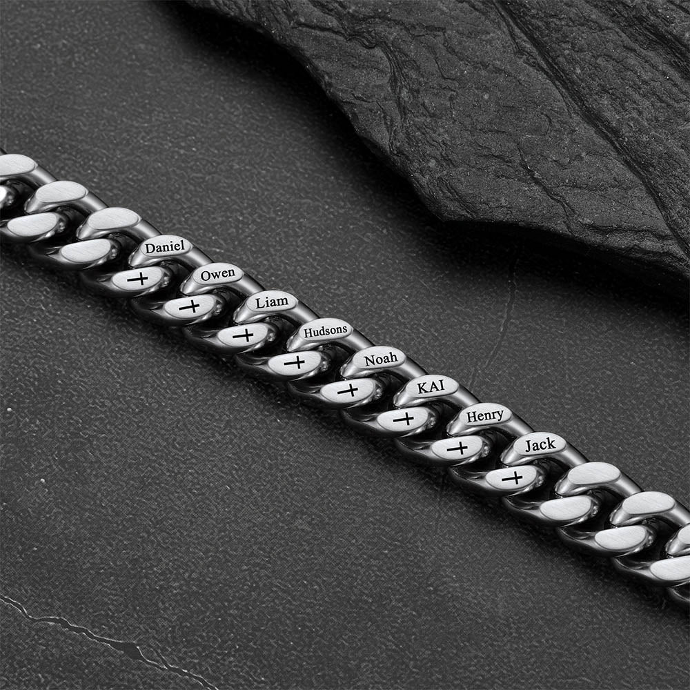 Personalized Multi Names Cuban Chain Bracelet With Cross Gift for Him , 12mm Width