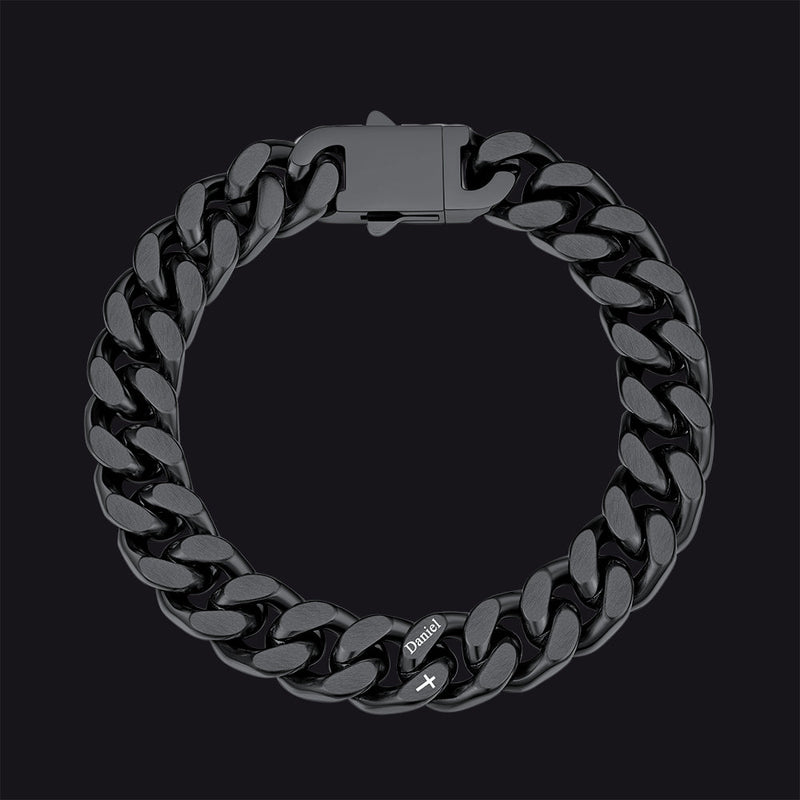 Personalized Multi Names Cuban Chain Bracelet With Cross Gift for Him , 12mm Width