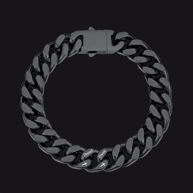Personalized Multi Names Cuban Chain Bracelet With Cross Gift for Him , 12mm Width