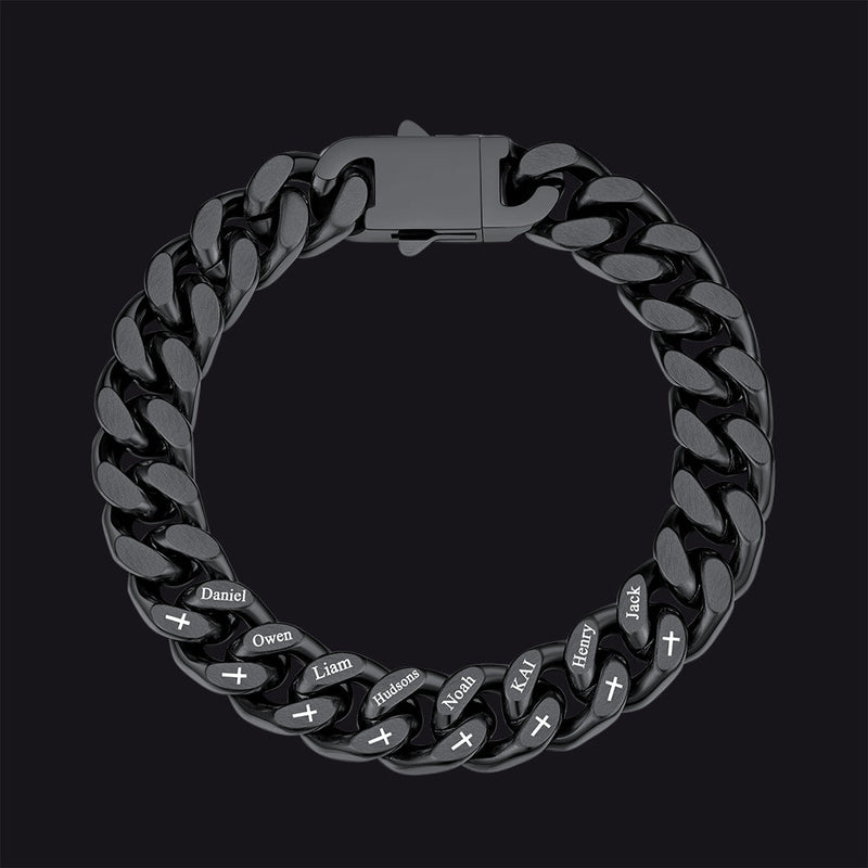 Personalized Multi Names Cuban Chain Bracelet With Cross Gift for Him , 12mm Width