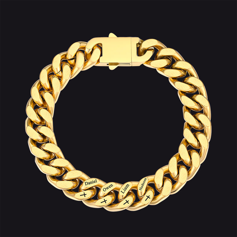 Personalized Multi Names Cuban Chain Bracelet With Cross Gift for Him , 12mm Width