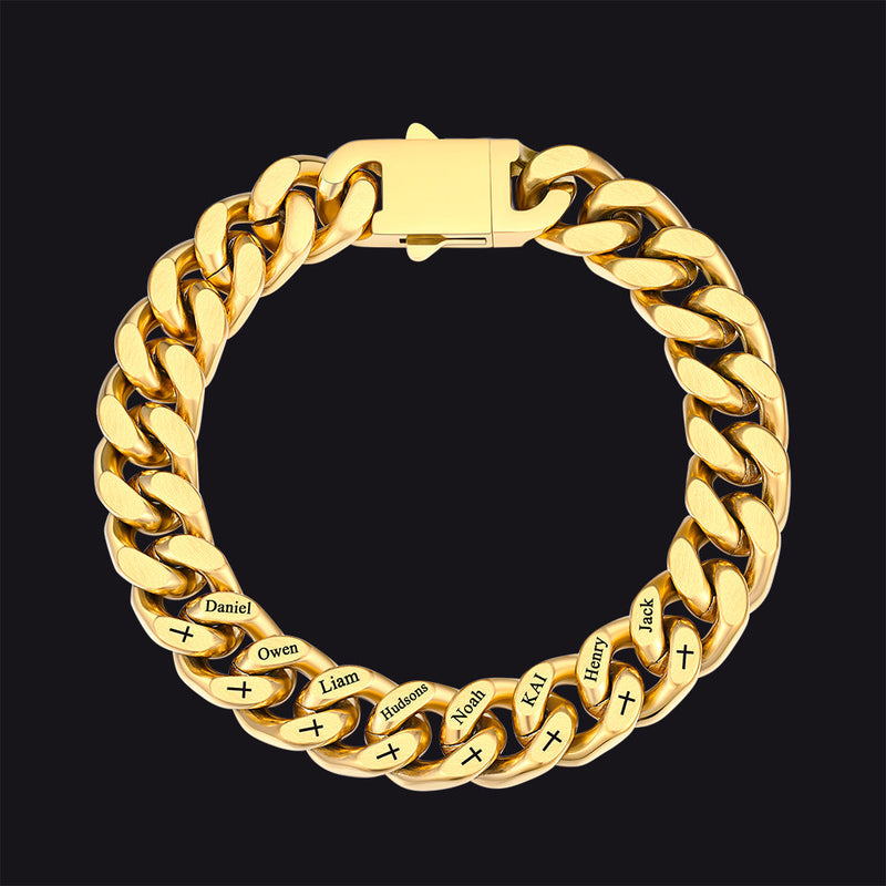 Personalized Multi Names Cuban Chain Bracelet With Cross Gift for Him , 12mm Width