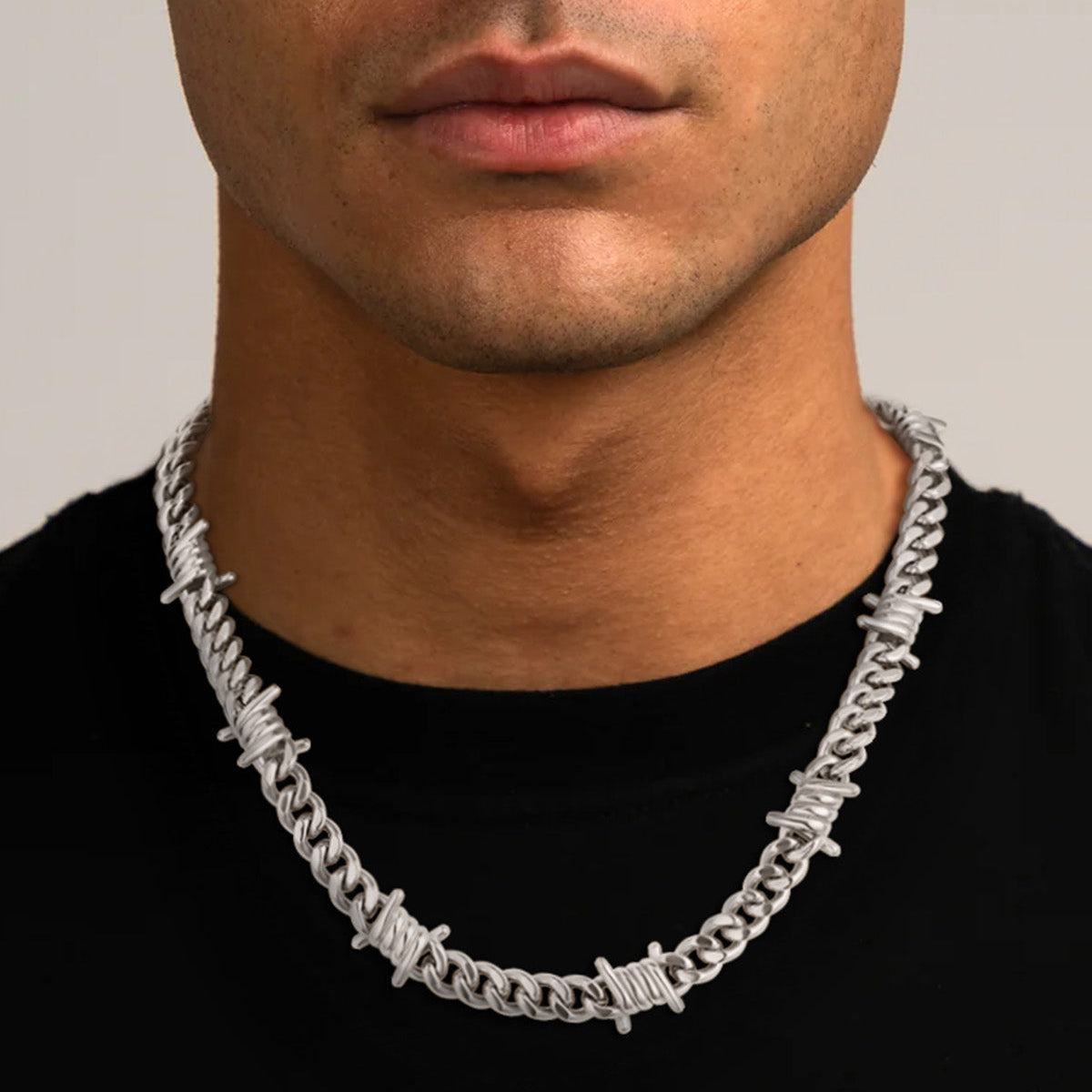 Barbed Wire Cuban Link Chain Choker Necklace for