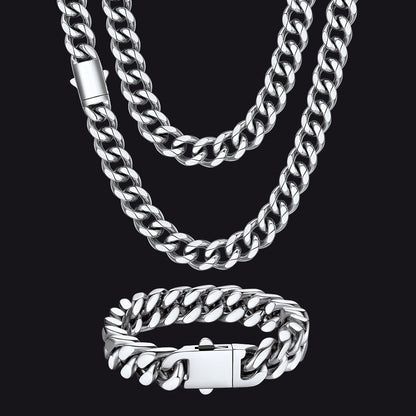 Engraved Cuban Chain & Bracelet Jewelry Set for , 7/9/12mm