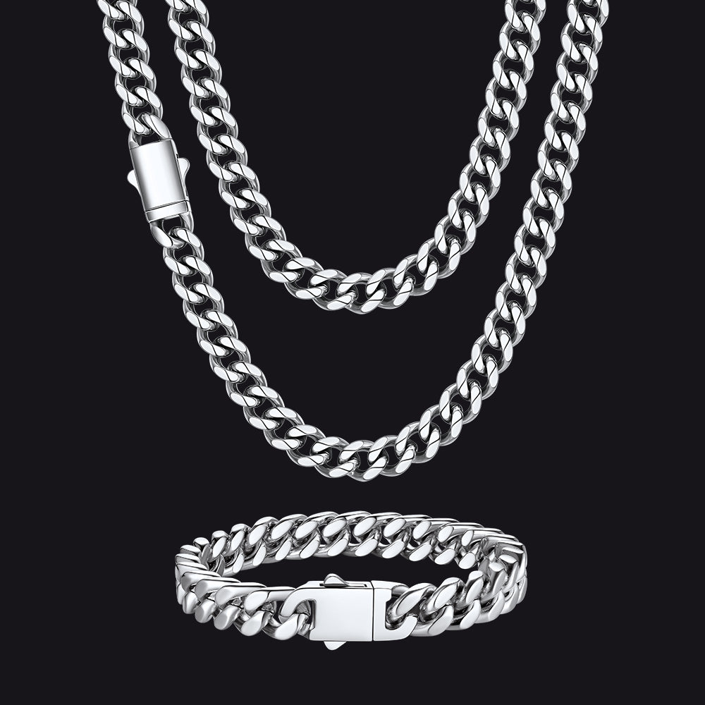 Engraved Cuban Chain & Bracelet Jewelry Set for , 7/9/12mm