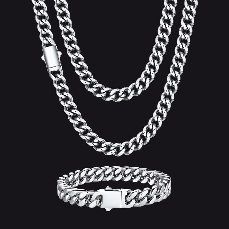Engraved Cuban Chain & Bracelet Jewelry Set for , 7/9/12mm
