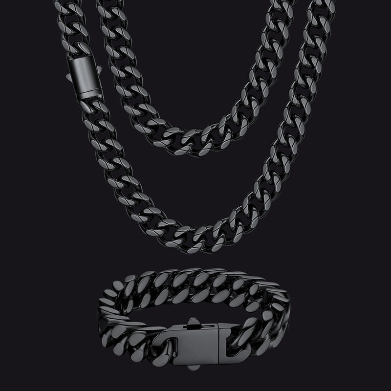 Engraved Cuban Chain & Bracelet Jewelry Set for , 7/9/12mm