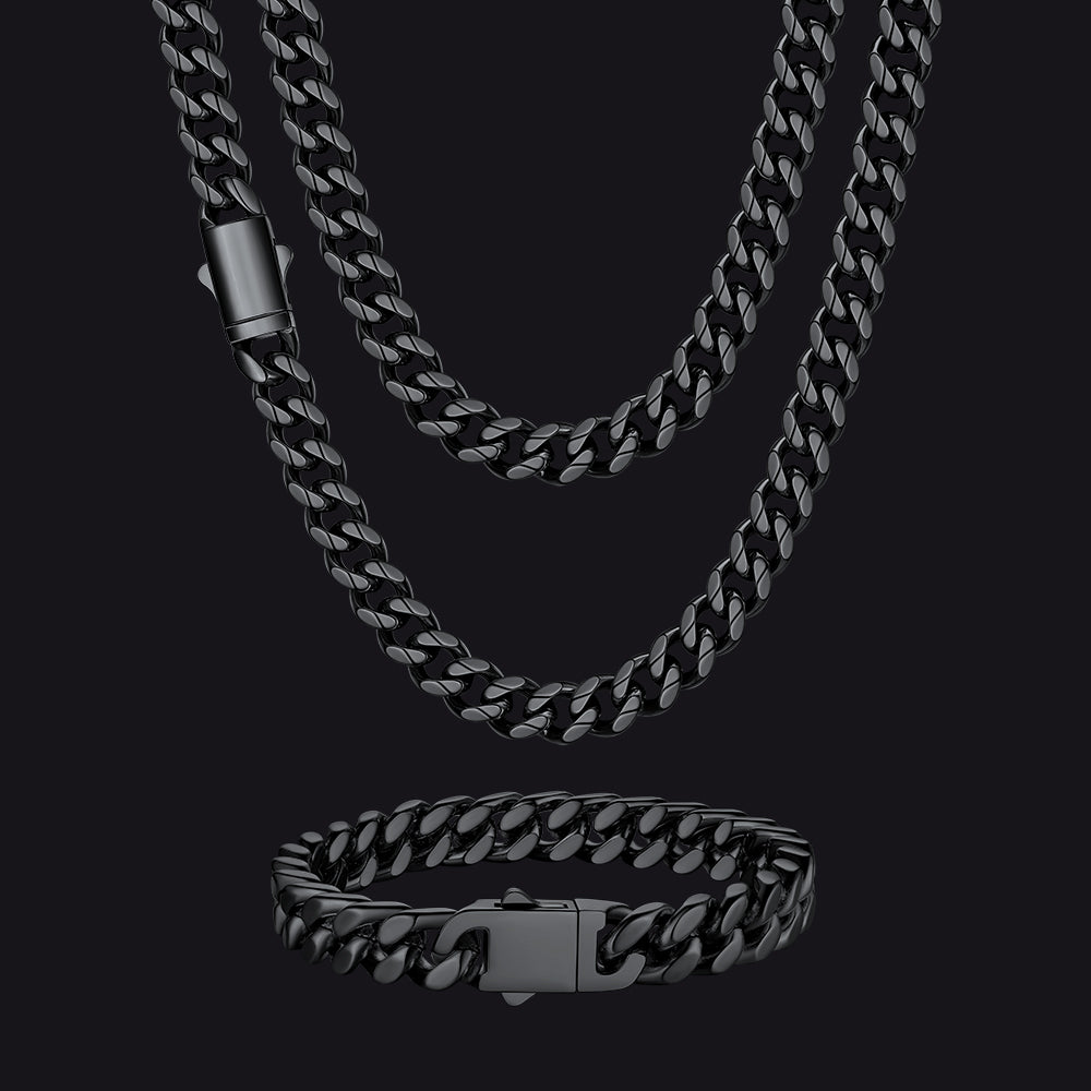 Engraved Cuban Chain & Bracelet Jewelry Set for , 7/9/12mm