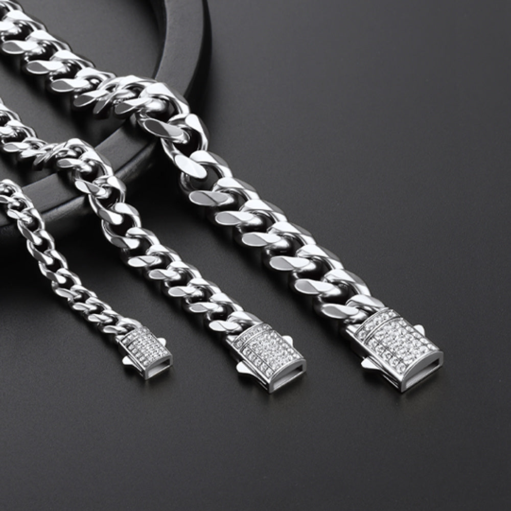 Cz Clasp Cuban Chain Necklace for , Hip Hop Jewelry 6/9/12mm Width
