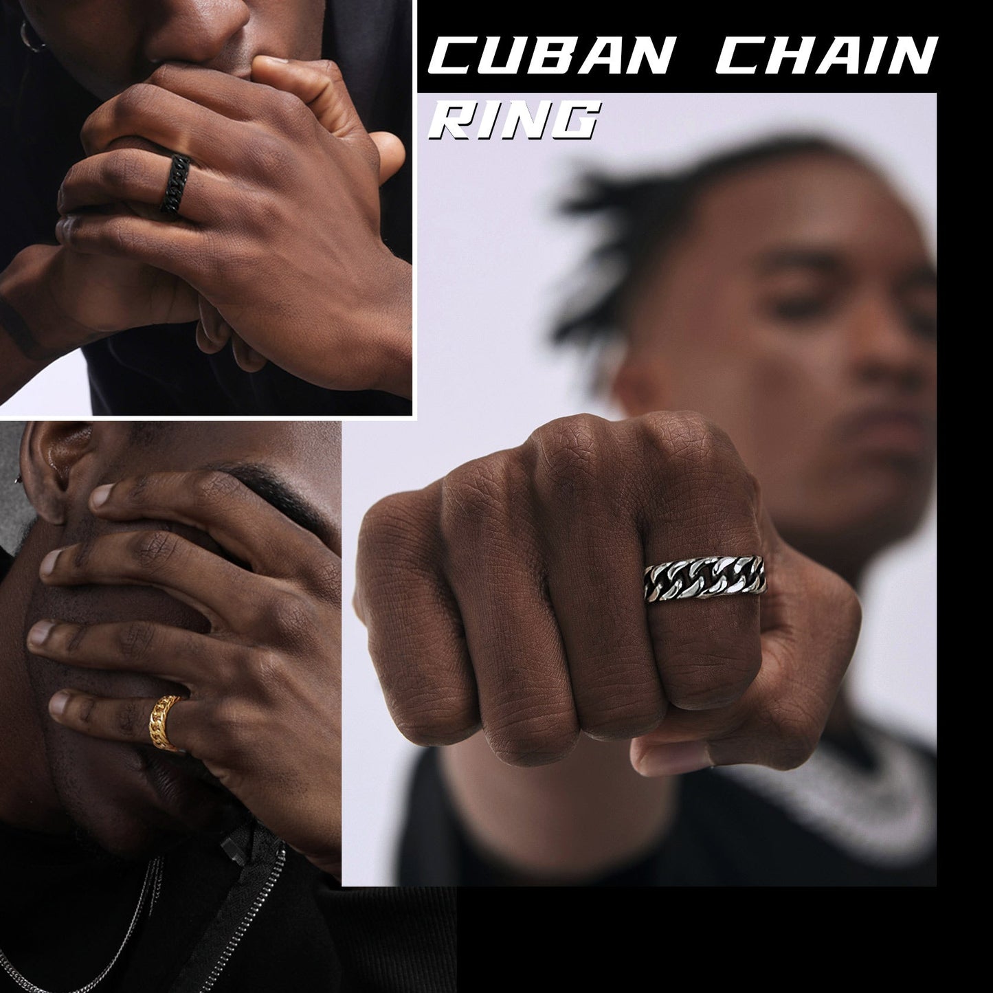Stainelss Steel Cuban Chain Band Ring for